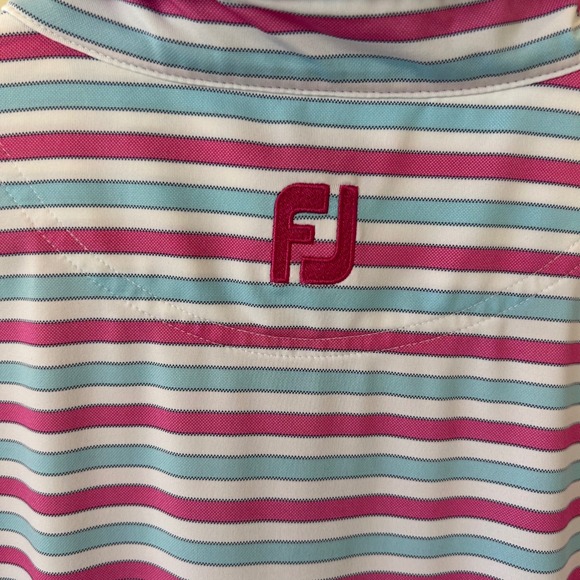 FootJoy Mens ProDry Striped Golf Polo Shirt Pink Blue White Large Stretch Logo - Picture 5 of 10
